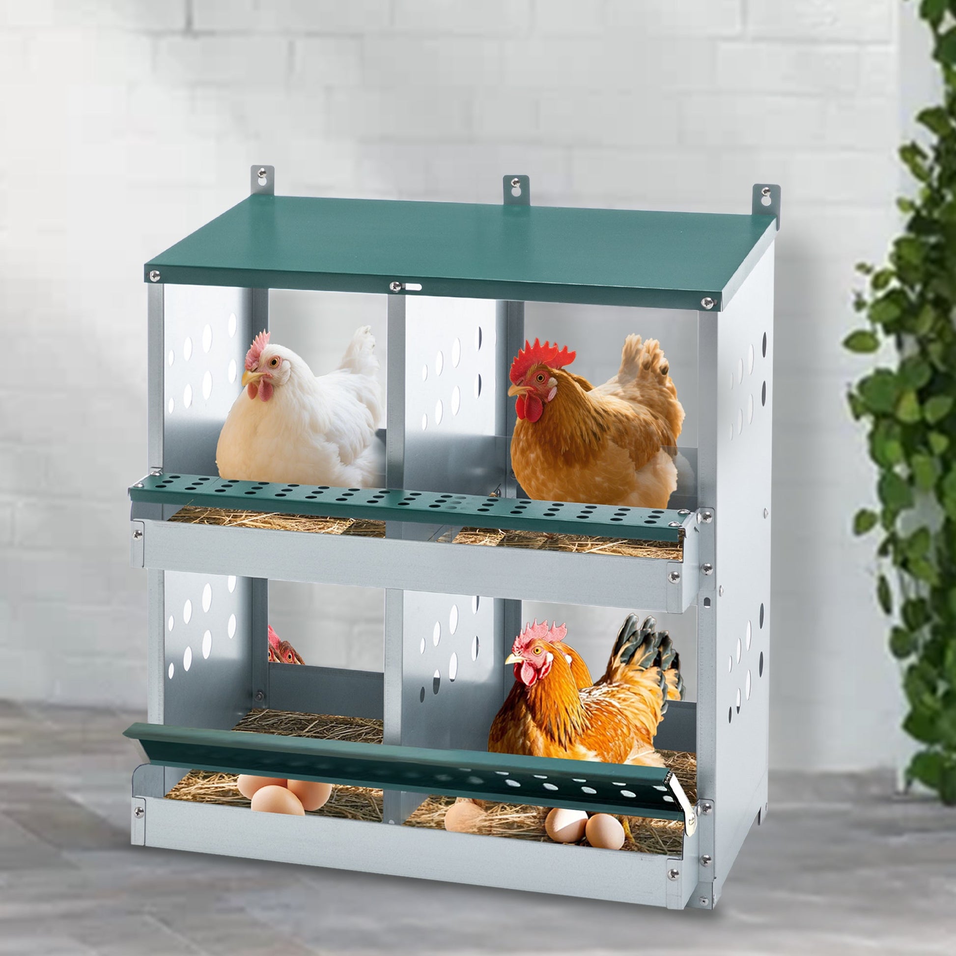 KFX-9829309 4-Compartment Metal Nesting Box for Chickens - Wall Mounted Egg Laying Coop with Ventilation and Easy Cleaning