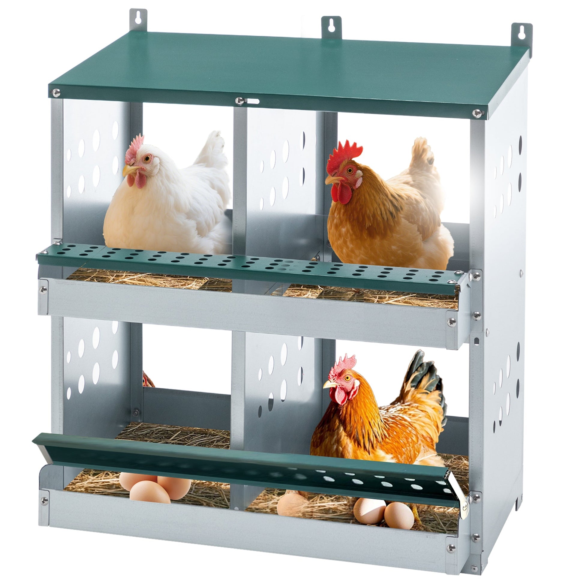 KFX-9829309 4-Compartment Metal Nesting Box for Chickens - Wall Mounted Egg Laying Coop with Ventilation and Easy Cleaning