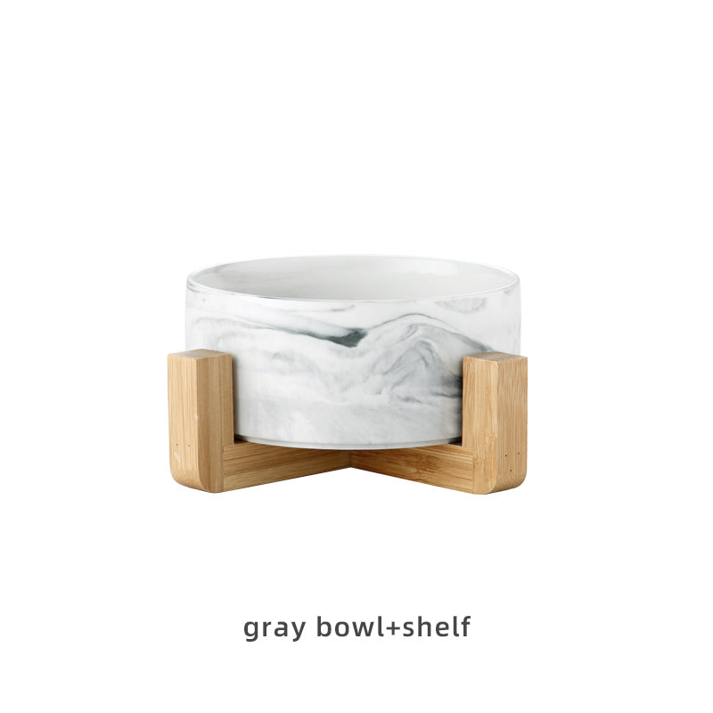 KFX-9837373 Stylish Ceramic Pet Bowls with Wooden Stands in Various Marble Patterns