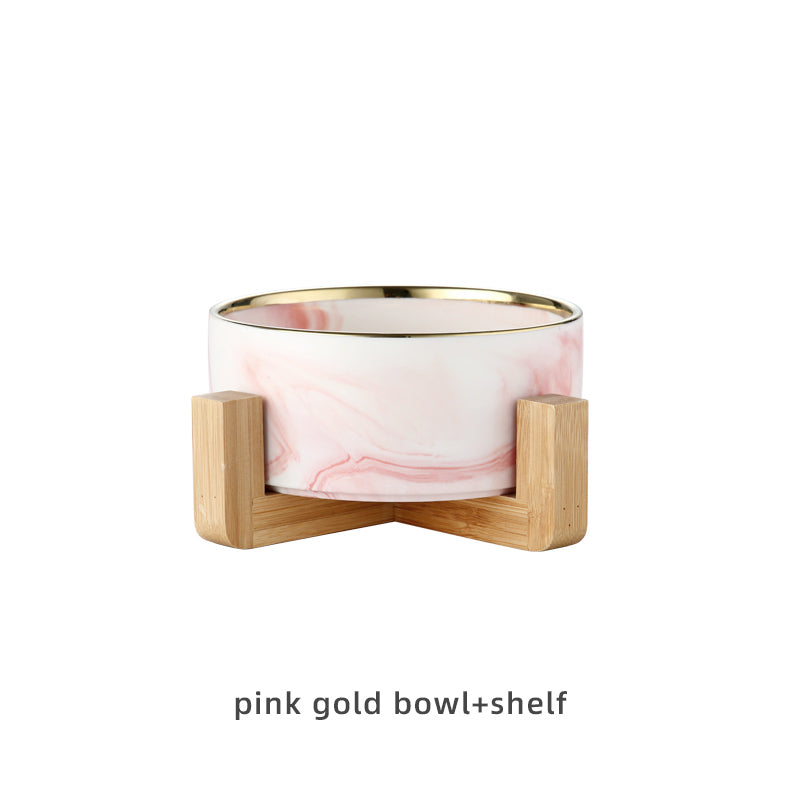 KFX-9837373 Stylish Ceramic Pet Bowls with Wooden Stands in Various Marble Patterns