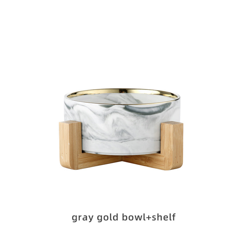 KFX-9837373 Stylish Ceramic Pet Bowls with Wooden Stands in Various Marble Patterns