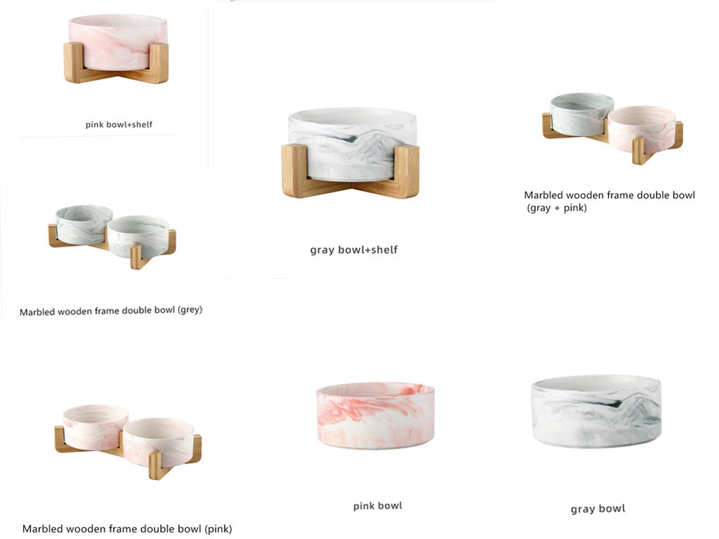 KFX-9837373 Stylish Ceramic Pet Bowls with Wooden Stands in Various Marble Patterns