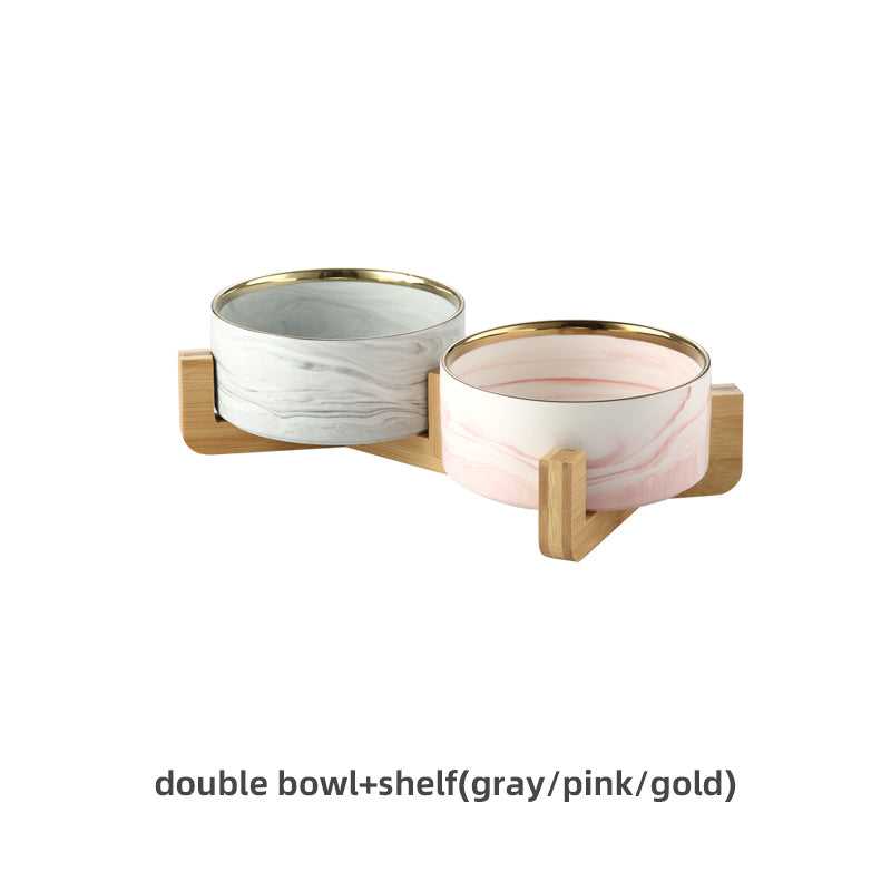 KFX-9837373 Stylish Ceramic Pet Bowls with Wooden Stands in Various Marble Patterns