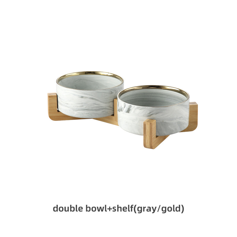 KFX-9837373 Stylish Ceramic Pet Bowls with Wooden Stands in Various Marble Patterns