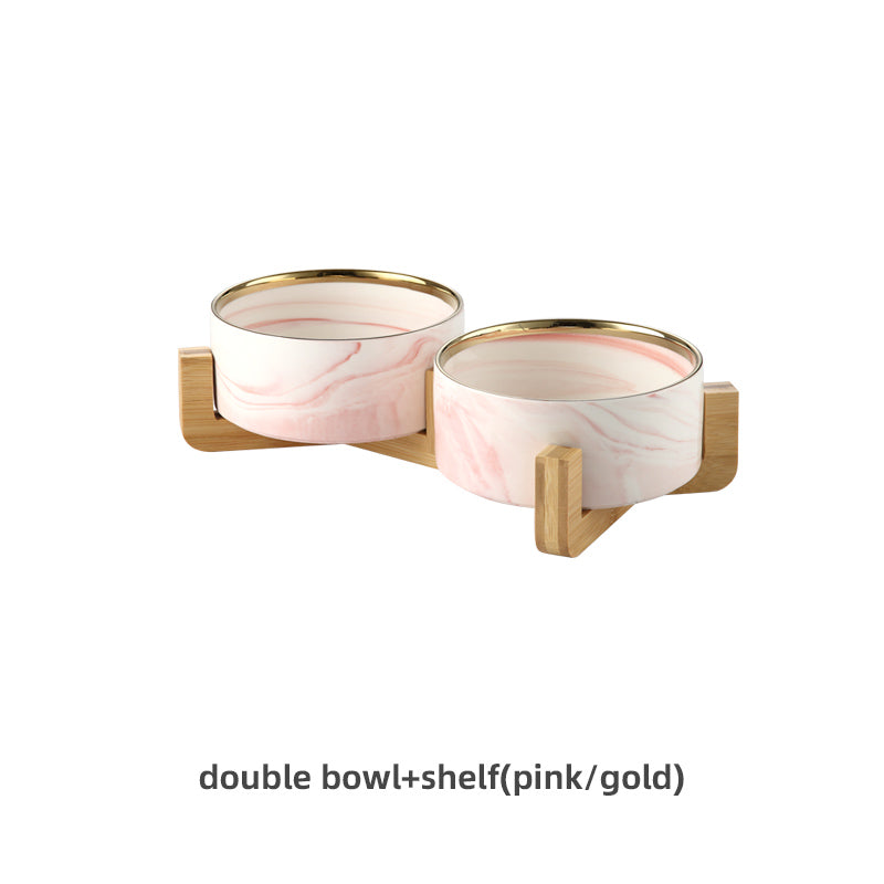 KFX-9837373 Stylish Ceramic Pet Bowls with Wooden Stands in Various Marble Patterns