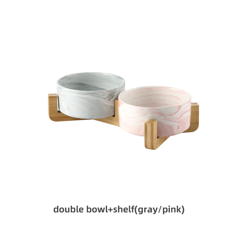 KFX-9837373 Stylish Ceramic Pet Bowls with Wooden Stands in Various Marble Patterns