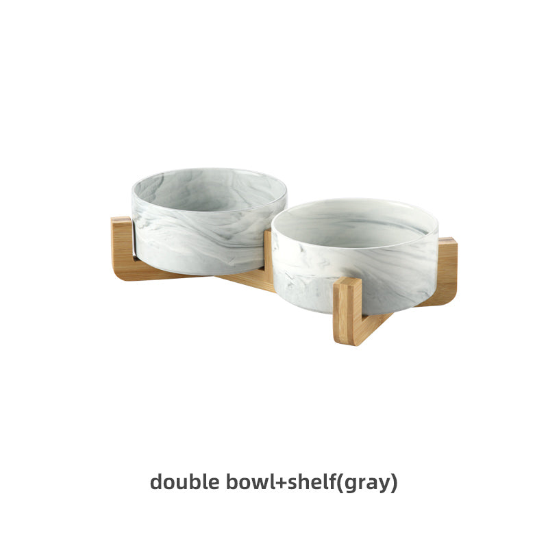 KFX-9837373 Stylish Ceramic Pet Bowls with Wooden Stands in Various Marble Patterns