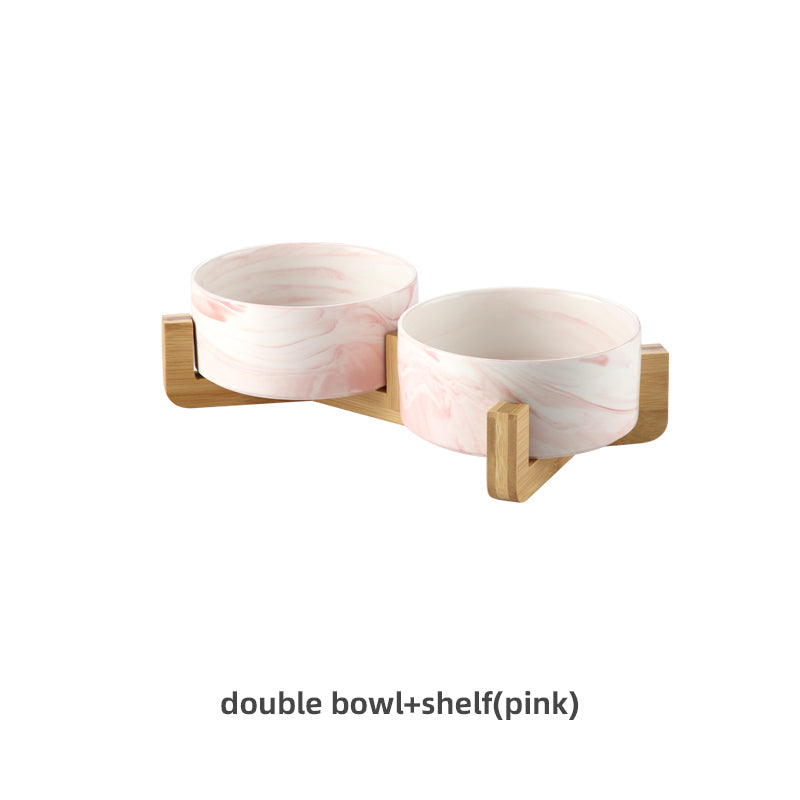 KFX-9837373 Stylish Ceramic Pet Bowls with Wooden Stands in Various Marble Patterns