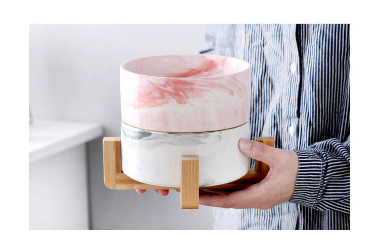 KFX-9837373 Stylish Ceramic Pet Bowls with Wooden Stands in Various Marble Patterns