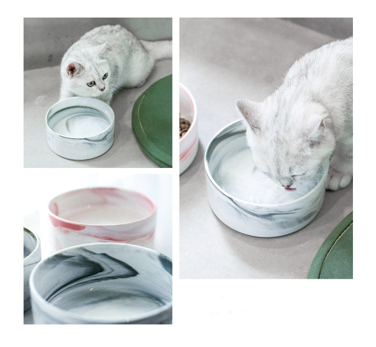 KFX-9837373 Stylish Ceramic Pet Bowls with Wooden Stands in Various Marble Patterns