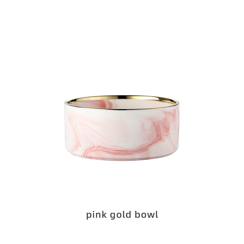 KFX-9837373 Stylish Ceramic Pet Bowls with Wooden Stands in Various Marble Patterns