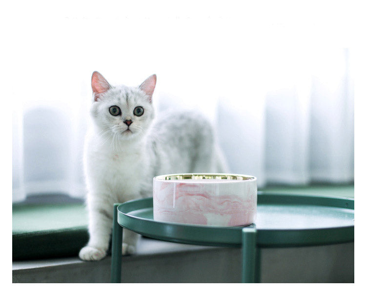 KFX-9837373 Stylish Ceramic Pet Bowls with Wooden Stands in Various Marble Patterns