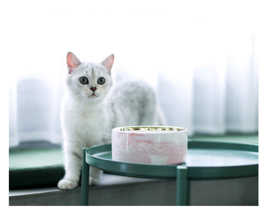 KFX-9837373 Stylish Ceramic Pet Bowls with Wooden Stands in Various Marble Patterns