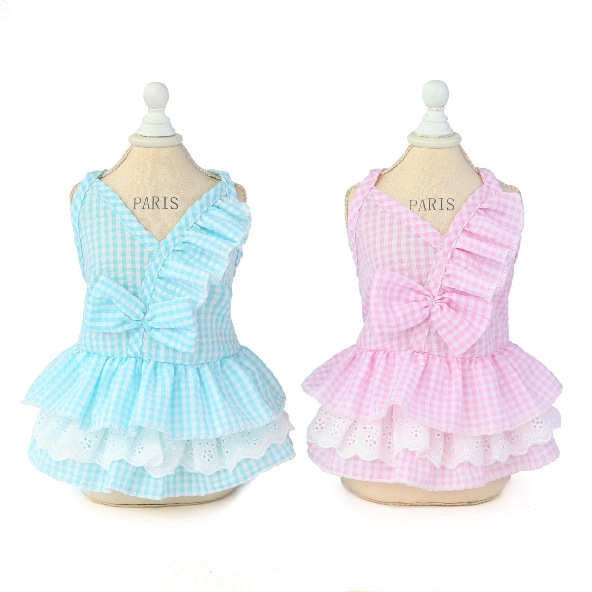 KFX-9837757 Stylish Bowknot Dress for Dogs in Blue and Pink - Cotton Fabric, Sizes S to XXL