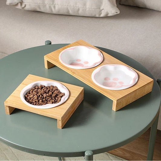 KFX-9843133 Bamboo Frame Hand-Colored Ceramic Bowls for Small Cats and Dogs, Support for Cervical Vertebrae Eating and Drinking
