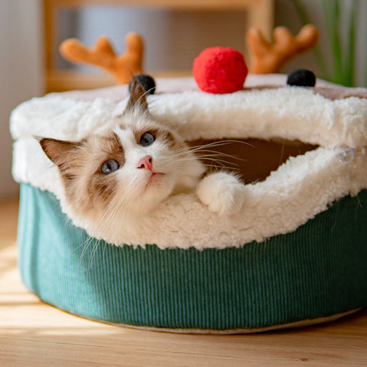 KFX-9846973 Cozy Elk Style Closed Cat Nest with Removable Washable Lambswool Interior