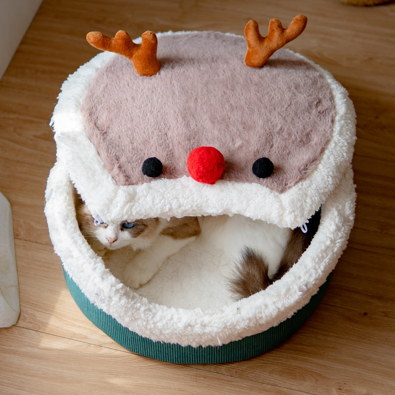 KFX-9846973 Cozy Elk Style Closed Cat Nest with Removable Washable Lambswool Interior