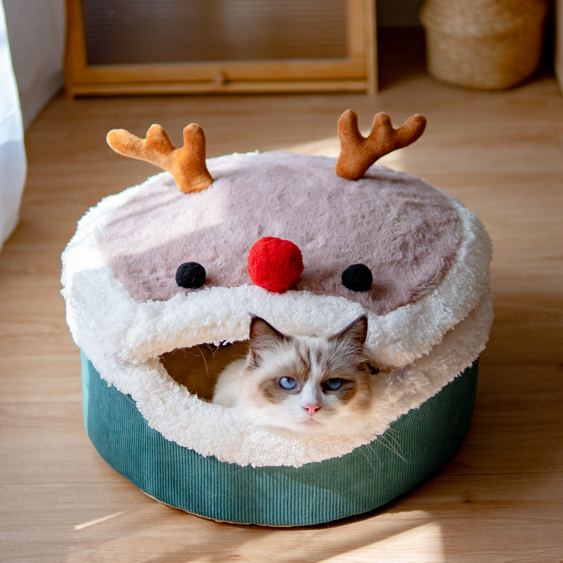 KFX-9846973 Cozy Elk Style Closed Cat Nest with Removable Washable Lambswool Interior