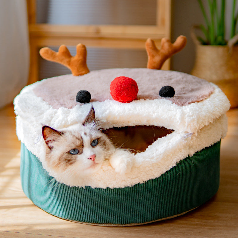 KFX-9846973 Cozy Elk Style Closed Cat Nest with Removable Washable Lambswool Interior