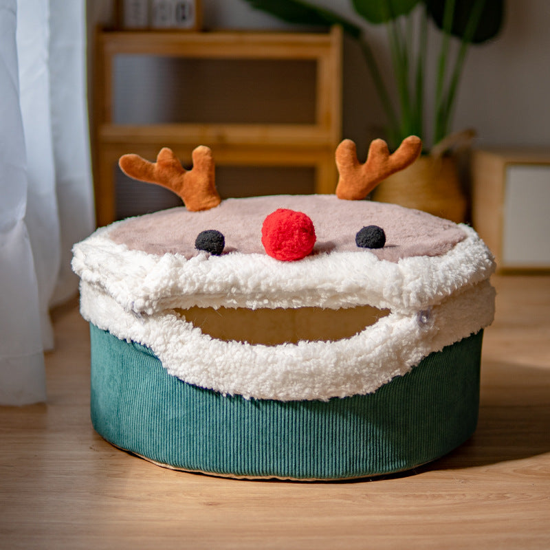 KFX-9846973 Cozy Elk Style Closed Cat Nest with Removable Washable Lambswool Interior