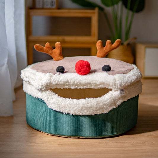 KFX-9846973 Cozy Elk Style Closed Cat Nest with Removable Washable Lambswool Interior