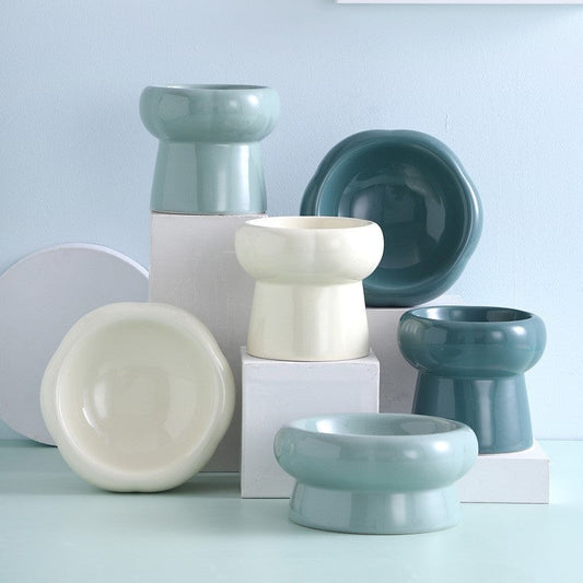 KFX-9847101 Ceramic Cat Bowl with Elevated Design for Cervical Spine Support - Available in Multiple Colors