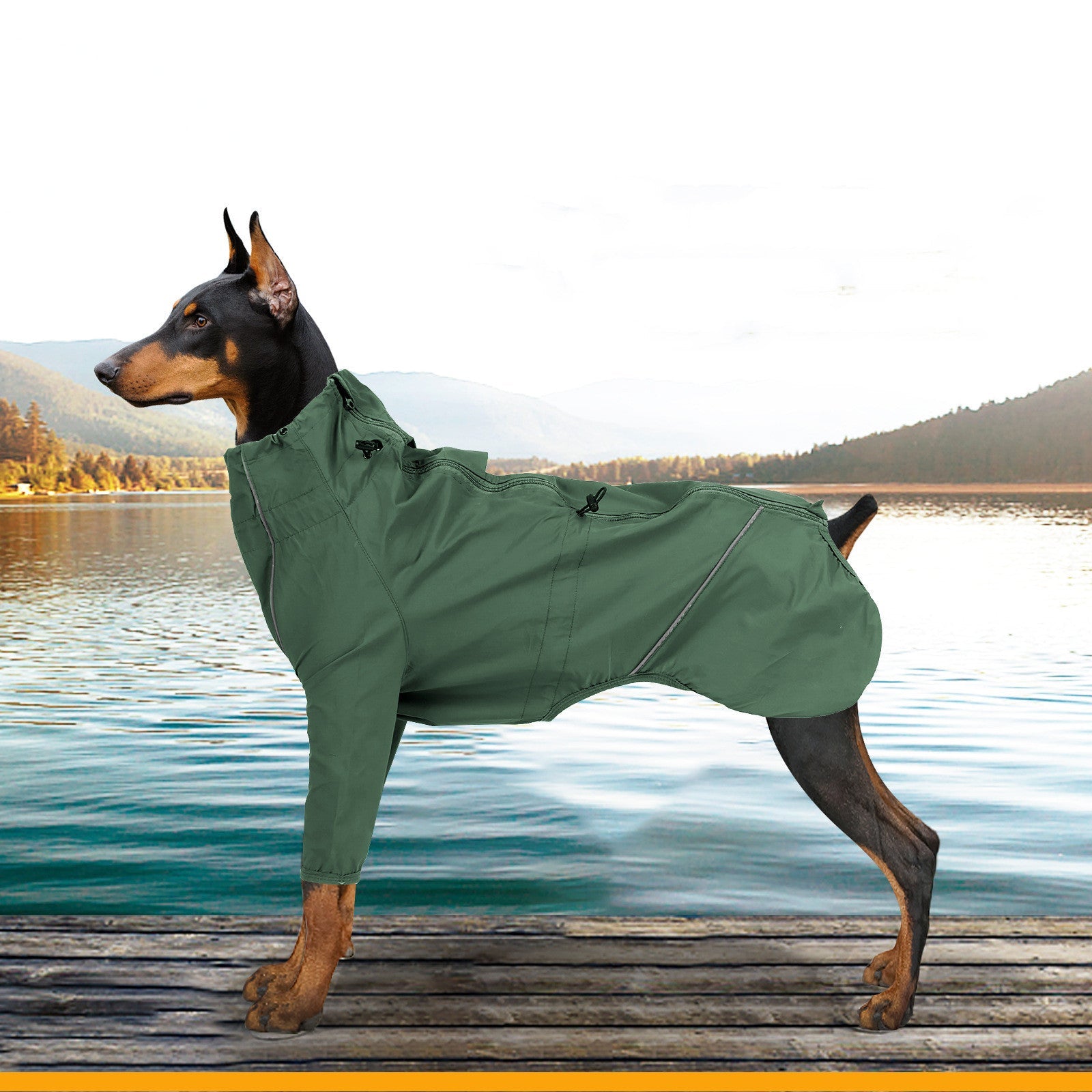 KFX-9852349 Reflective Raincoat with Traction Hole for Dogs - Military Green & Orange