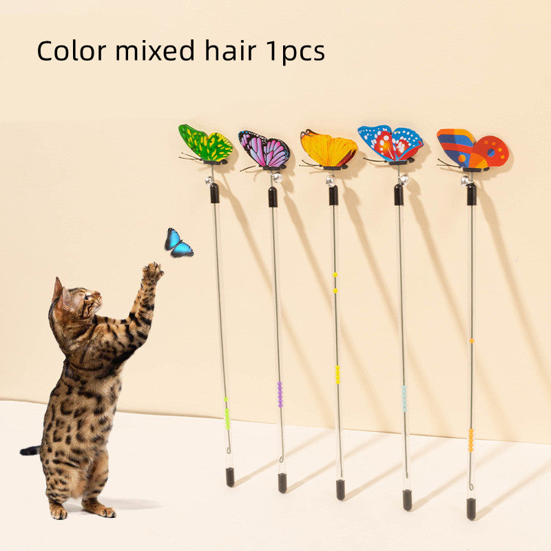 KFX-9853501 Retractable Spring Butterfly Cat Teasing Stick - Mixed Hair, 30-50cm Full Length