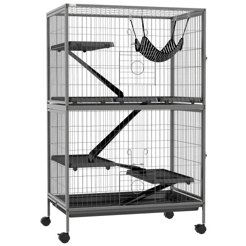 KFX-9856317 5-Tier Small Animal Cage with Hammock for Ferrets and Chinchillas, Heavy-Duty Steel Construction, Easy-Clean Design, 4 Doors, Mobile Wheels, Grey