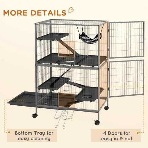 KFX-9856317 5-Tier Small Animal Cage with Hammock for Ferrets and Chinchillas, Heavy-Duty Steel Construction, Easy-Clean Design, 4 Doors, Mobile Wheels, Grey