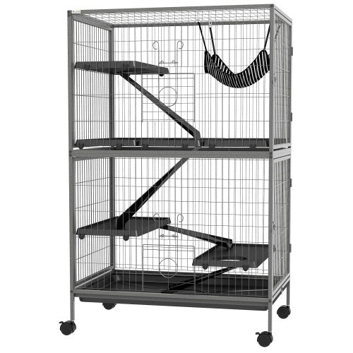 KFX-9856317 5-Tier Small Animal Cage with Hammock for Ferrets and Chinchillas, Heavy-Duty Steel Construction, Easy-Clean Design, 4 Doors, Mobile Wheels, Grey