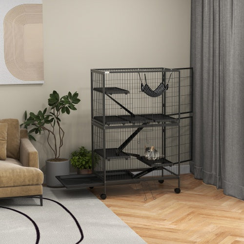 KFX-9856317 5-Tier Small Animal Cage with Hammock for Ferrets and Chinchillas, Heavy-Duty Steel Construction, Easy-Clean Design, 4 Doors, Mobile Wheels, Grey