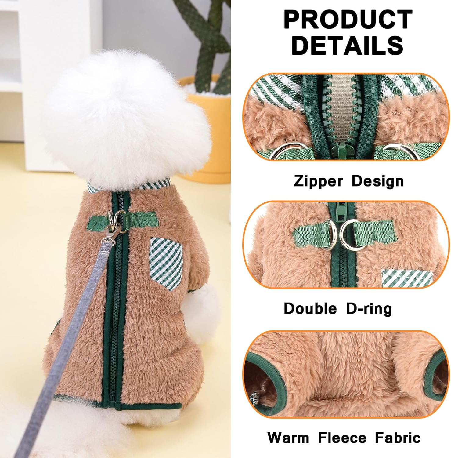 KFX-9859901 Plush Fleece Dog Coat for Small Breeds with Back Zipper and Double D-Ring, Ideal for Autumn and Winter