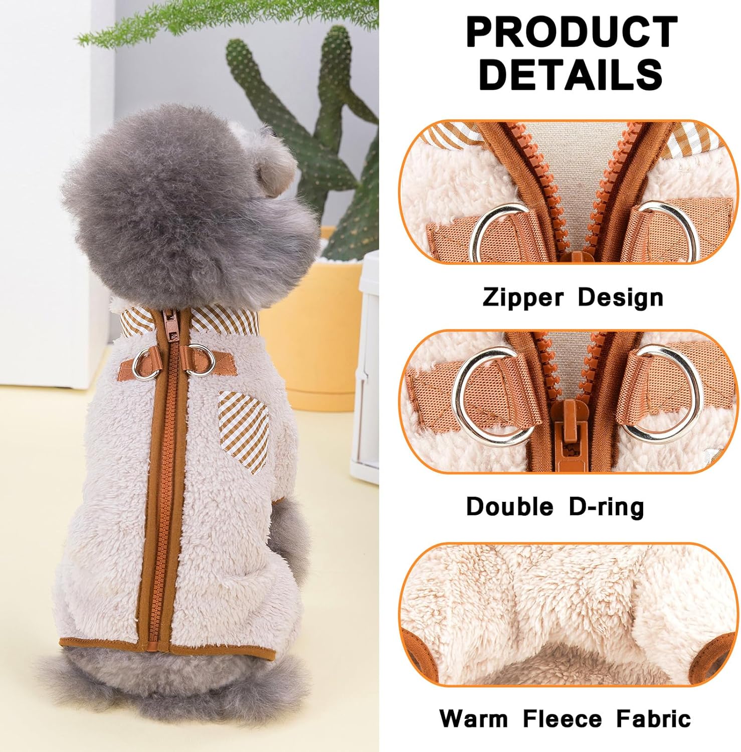 KFX-9859901 Plush Fleece Dog Coat for Small Breeds with Back Zipper and Double D-Ring, Ideal for Autumn and Winter