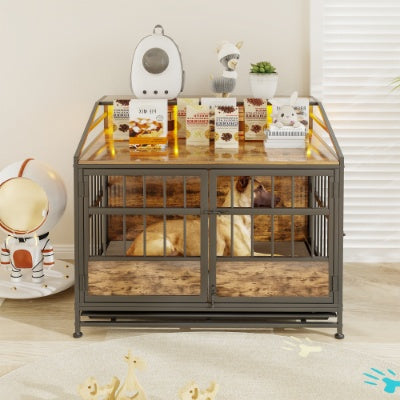 KFX-9862077 Stylish Large Wooden Dog Crate with Storage and Double Doors for Medium to Large Dogs, Brown