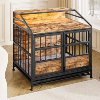 KFX-9862077 Stylish Large Wooden Dog Crate with Storage and Double Doors for Medium to Large Dogs, Brown