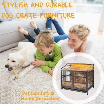 KFX-9862077 Stylish Large Wooden Dog Crate with Storage and Double Doors for Medium to Large Dogs, Brown