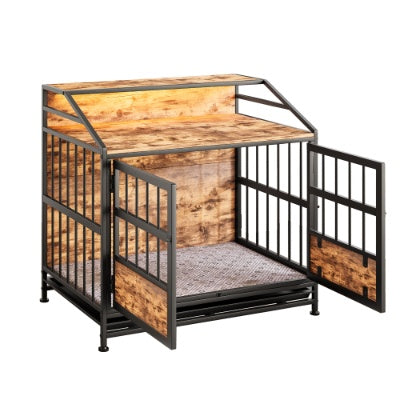 KFX-9862077 Stylish Large Wooden Dog Crate with Storage and Double Doors for Medium to Large Dogs, Brown