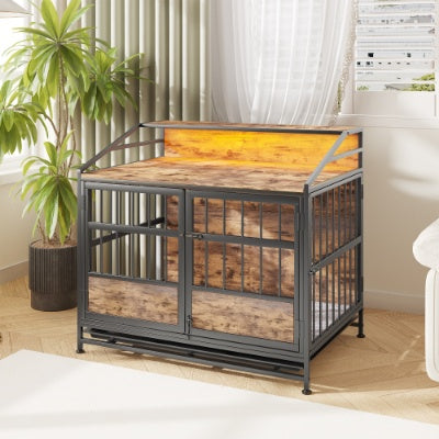 KFX-9862077 Stylish Large Wooden Dog Crate with Storage and Double Doors for Medium to Large Dogs, Brown