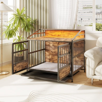 KFX-9862077 Stylish Large Wooden Dog Crate with Storage and Double Doors for Medium to Large Dogs, Brown