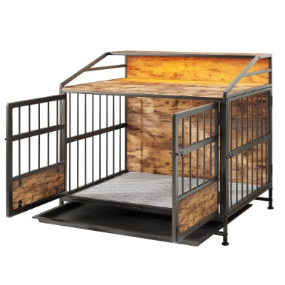 KFX-9862077 Stylish Large Wooden Dog Crate with Storage and Double Doors for Medium to Large Dogs, Brown