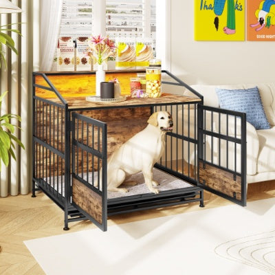 KFX-9862077 Stylish Large Wooden Dog Crate with Storage and Double Doors for Medium to Large Dogs, Brown