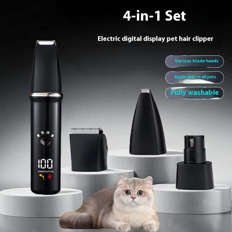 KFX-9866045 4-in-1 Electric Pet Shaver Set with Digital Display for Dogs and Cats, Includes Replacement Head and Charging Cable