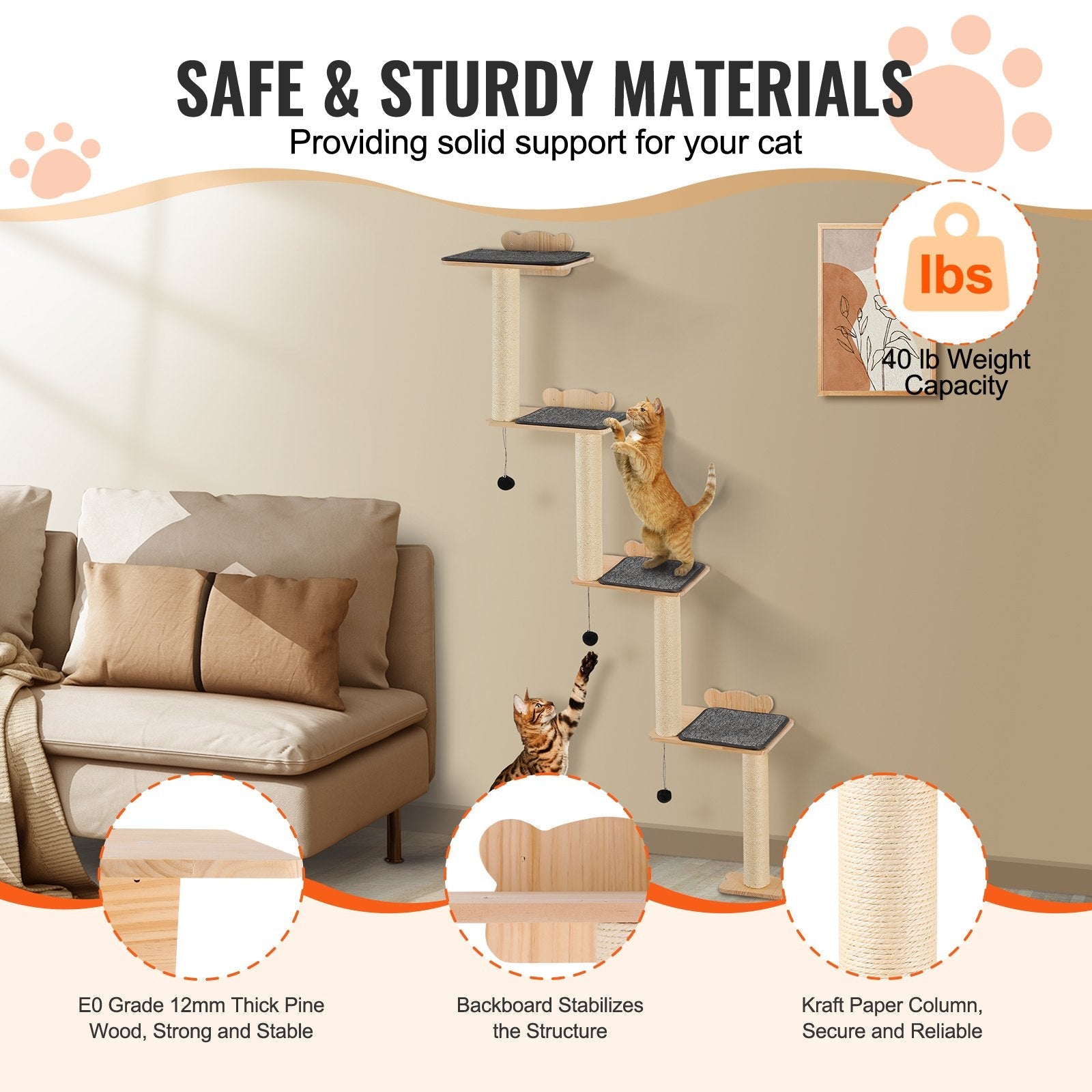 KFX-9867453 Wall Mounted Cat Shelf Tree with Climbing Platforms, Posts, and Toy Balls