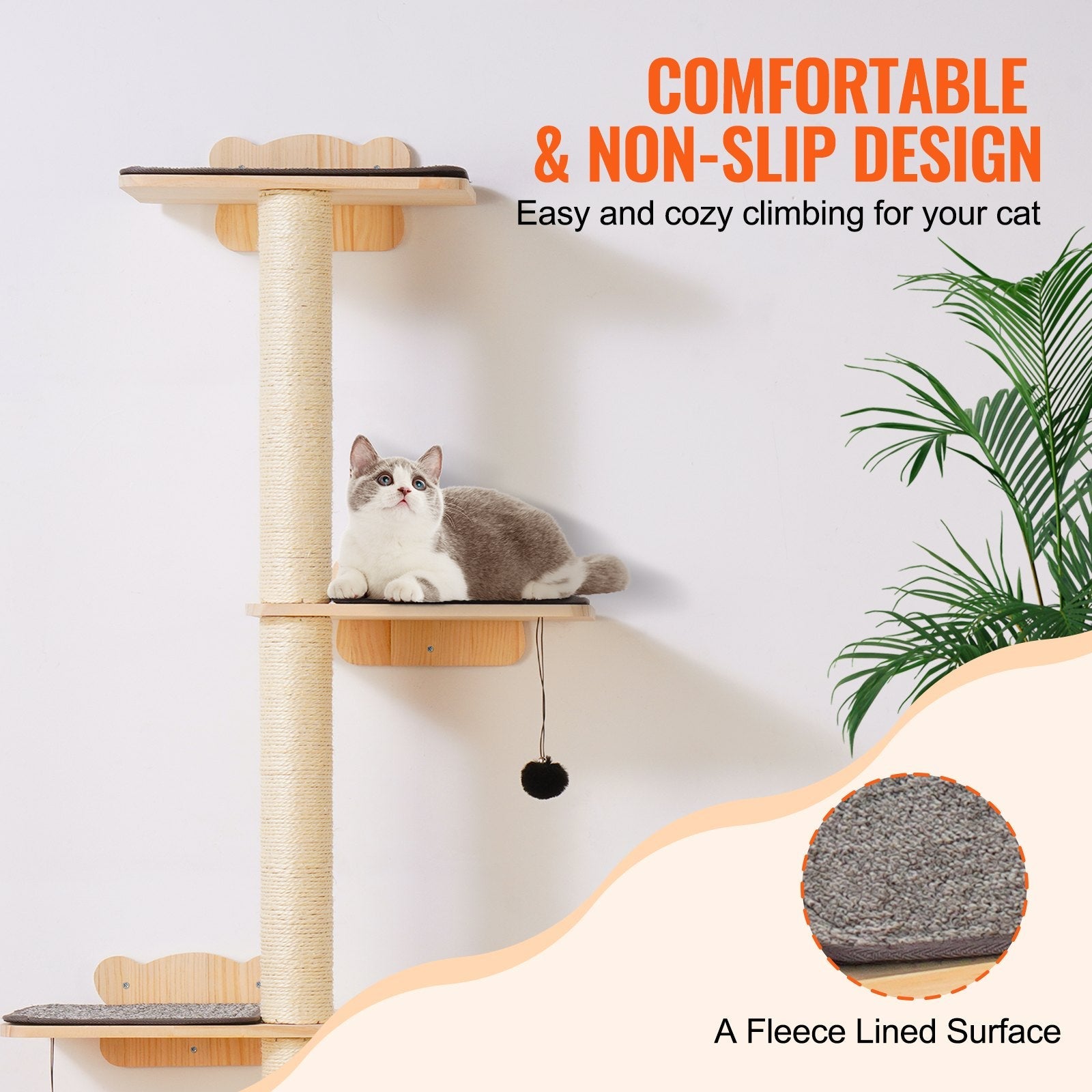 KFX-9867453 Wall Mounted Cat Shelf Tree with Climbing Platforms, Posts, and Toy Balls