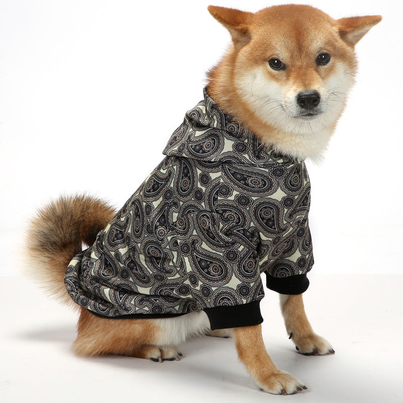 KFX-9869245 Thick Plaid Hooded Two-Leg Dog Sweater in Black and Red, Blue, or White Paisley