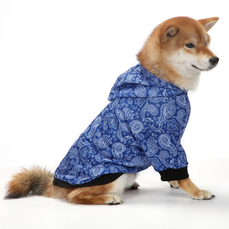 KFX-9869245 Thick Plaid Hooded Two-Leg Dog Sweater in Black and Red, Blue, or White Paisley