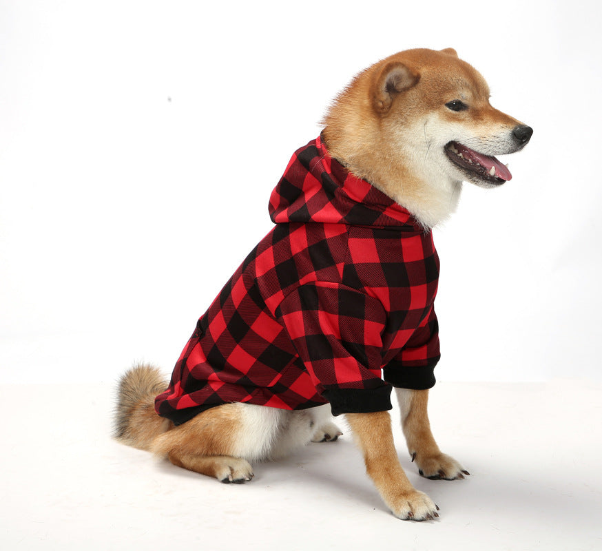 KFX-9869245 Thick Plaid Hooded Two-Leg Dog Sweater in Black and Red, Blue, or White Paisley