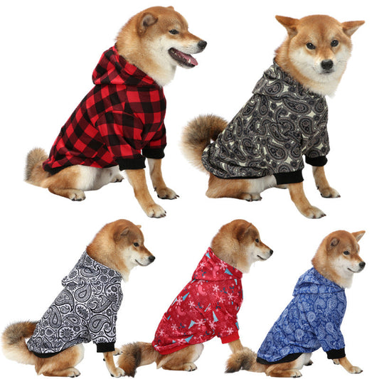 KFX-9869245 Thick Plaid Hooded Two-Leg Dog Sweater in Black and Red, Blue, or White Paisley