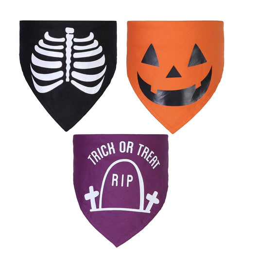KFX-9877309 Halloween Triangle Scarf for Dogs and Cats with Spooky Patterns in Purple and Orange